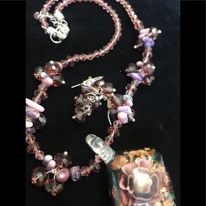 Purple glass beaded necklace and earring set